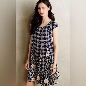 Anthropologie Maeve indiga Swing Dress Sz Small Lined Tasseled Lace Up Back